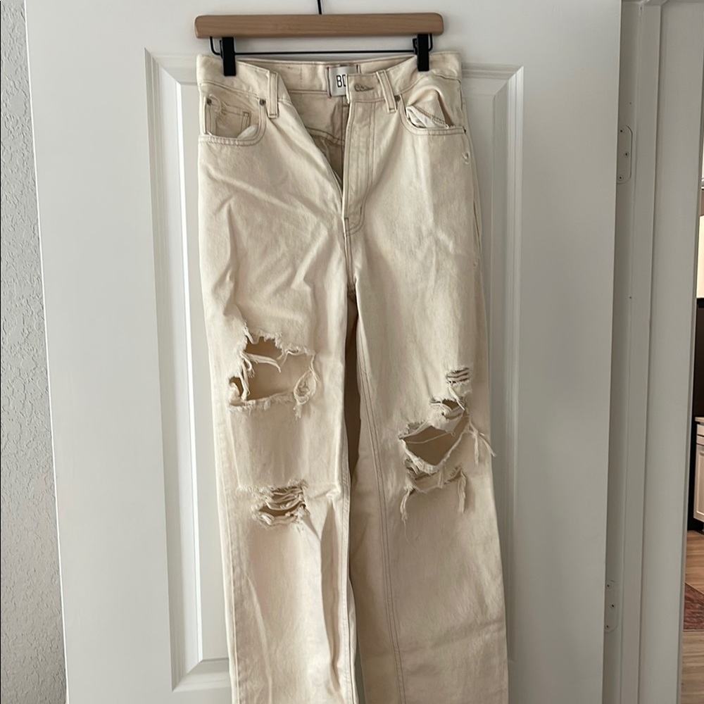 BDG Cream Straight Leg Jeans with Distressed Details